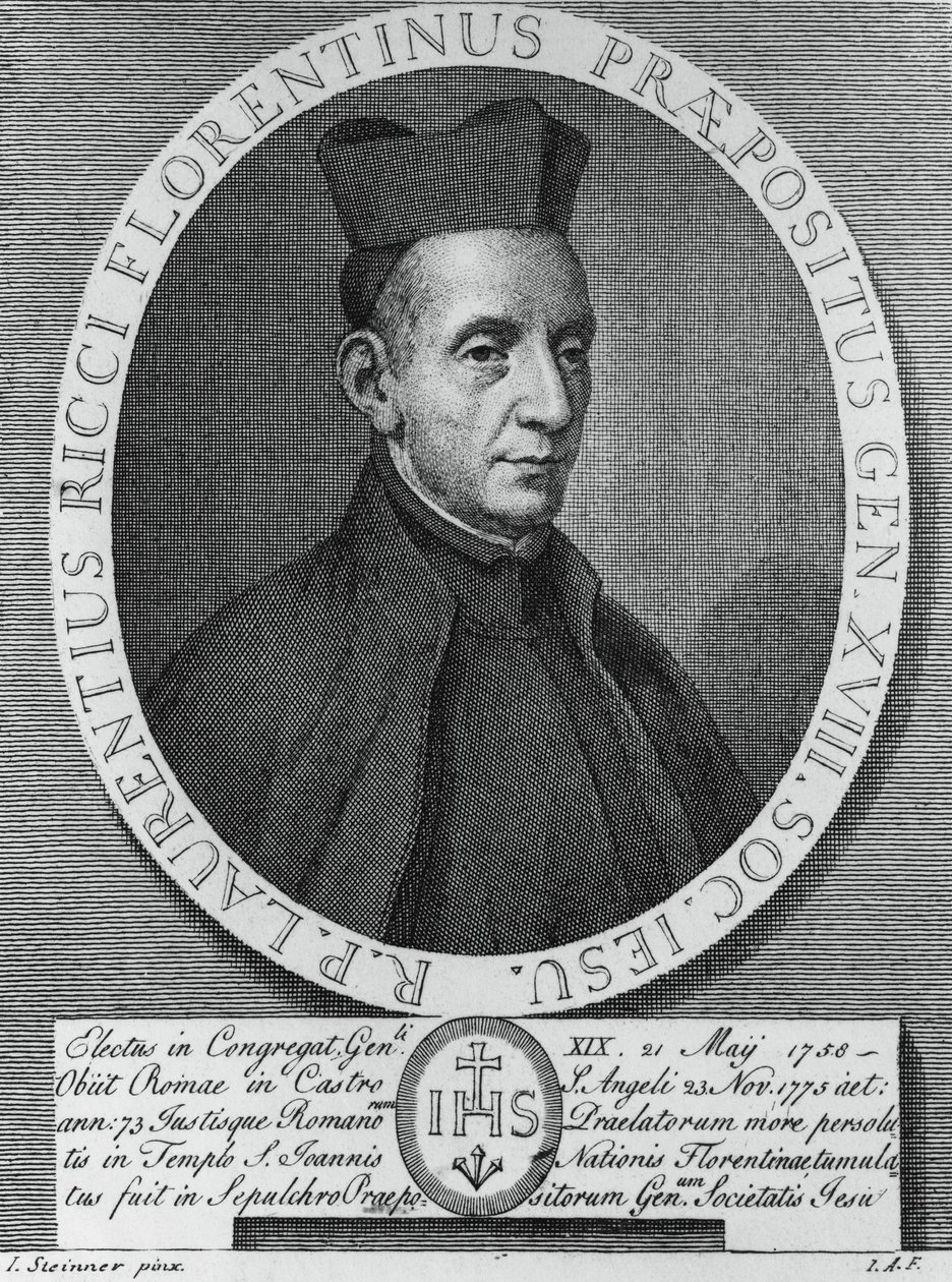 Portret Lorenzo Ricciego (1703-1775), włoskiego jezuity i 18. przełożonego generalnego Towarzystwa Jezusowego, rycina autorstwa William M. Timlin