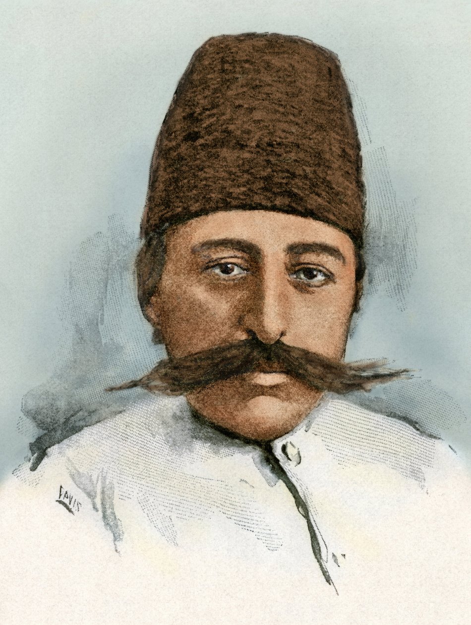 Portret Mozaffara ad-dina (ad Din) (Mozaffer ed dine, Mozaffer-ed-dine, Mozzafar-al-Din, Mozzafar al-Din, Mozaffaredin) (1853-1907), szacha Iranu w latach 1896-1907. Kolorowa rycina z XIX wieku. autorstwa Unbekannter Künstler