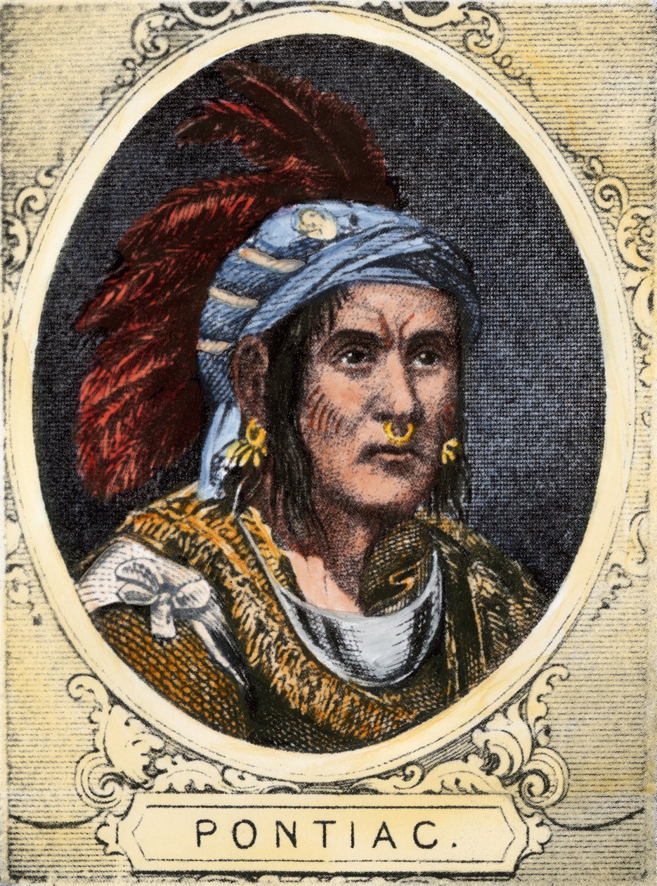 Portret Pontiaca (lub Obwandiyaga, ok. 1714-1769), wodza indiańskiego plemienia Indian Outaouais z Detroit (Ottawa Nation). Kolorowa rycina z XIX wieku. autorstwa Unbekannter Künstler