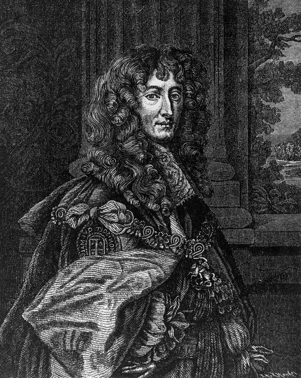 Portret księcia Ruperta Wittelsbacha z Renu (1619-1682), księcia Bawarii, księcia Cumberland, hrabiego Holderness, niemieckiego generała i admirała, grawerowanie autorstwa William M. Timlin