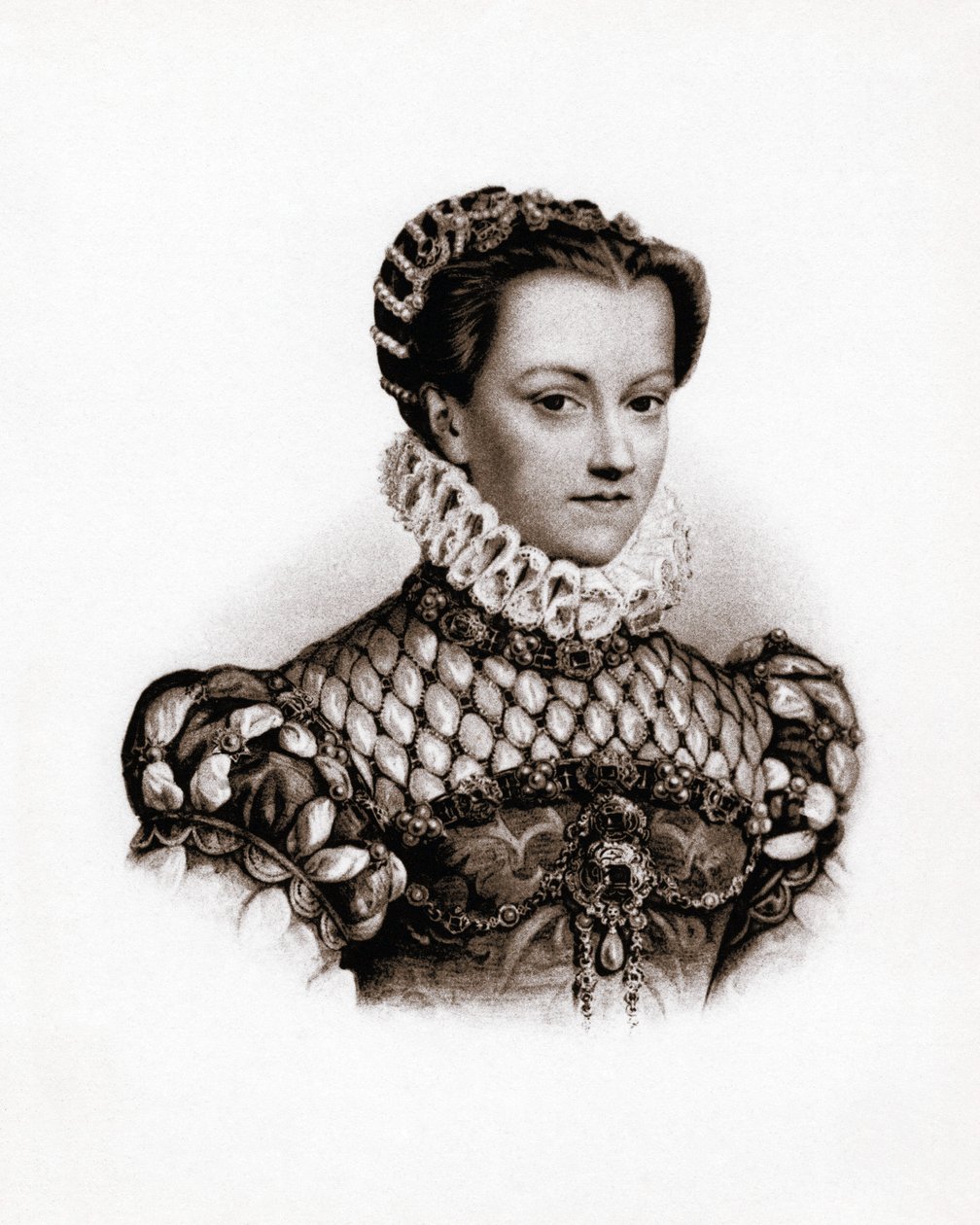 Portret królowej Francji Elżbiety Austriaczki (1555-1592) Rycina z XIX wieku autorstwa Unbekannter Künstler