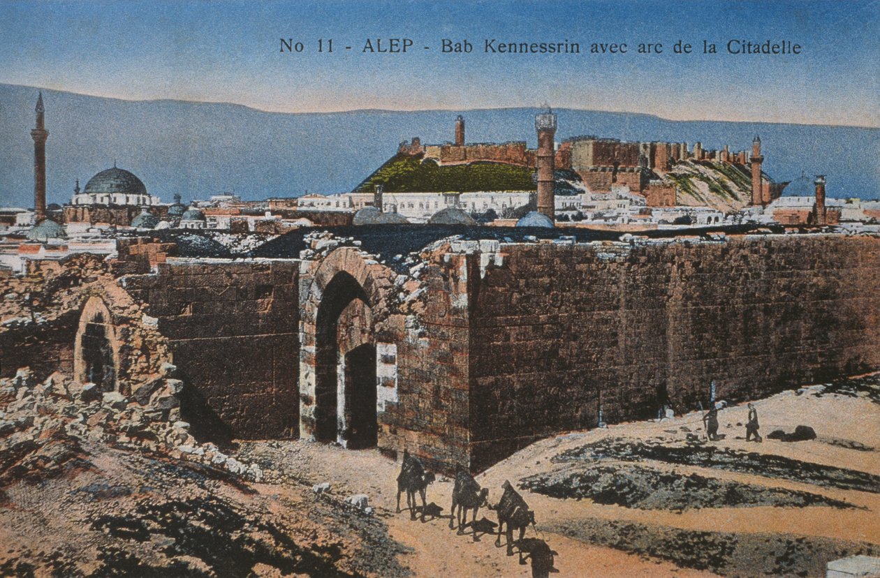 Pocztówka przedstawiająca Bab Quinnasrin i Cytadelę w Aleppo, ok.1920 (kolorowy fotolit) autorstwa Unbekannt