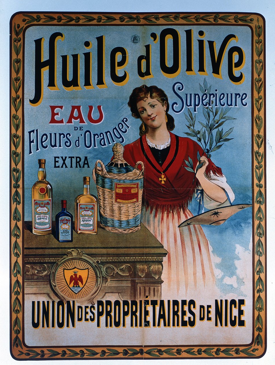 Plakat reklamujący oliwę z oliwek produkowaną w Nicei, Francja autorstwa Unbekannter Künstler