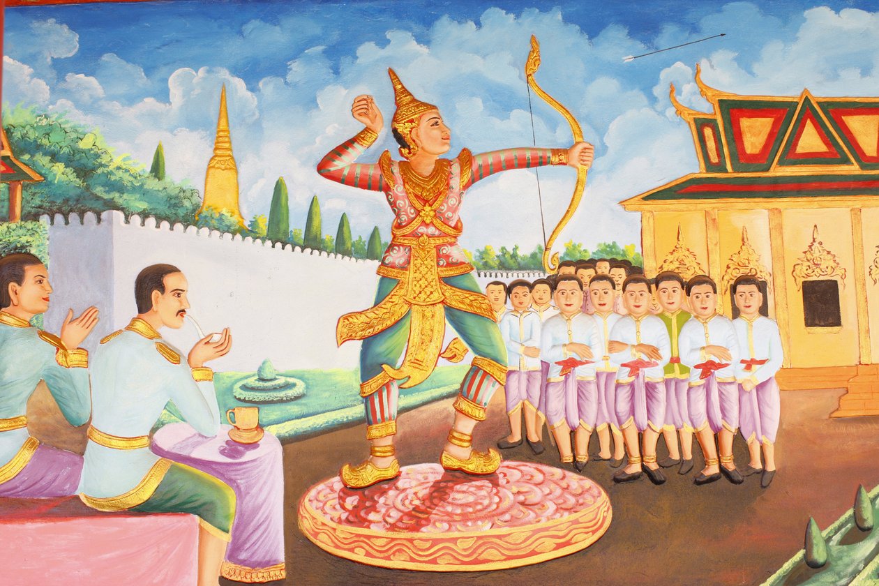 Klasztor Preah Prom RathŻycie BuddyKsiążę Siddhartha Gautama został mistrzem szermierki, zapasów i łucznictwa, Siem Reap, Kambodża autorstwa Unbekannt