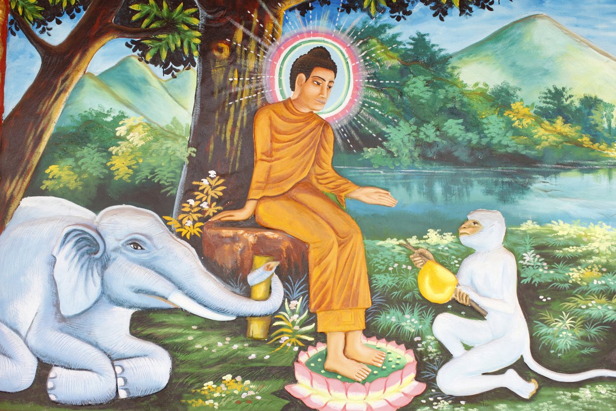 Klasztor Preah Prom RathŻycie BuddySiddhartha Gautama z oddanym słoniem i małpą, Siem Reap, Kambodża autorstwa Unbekannt