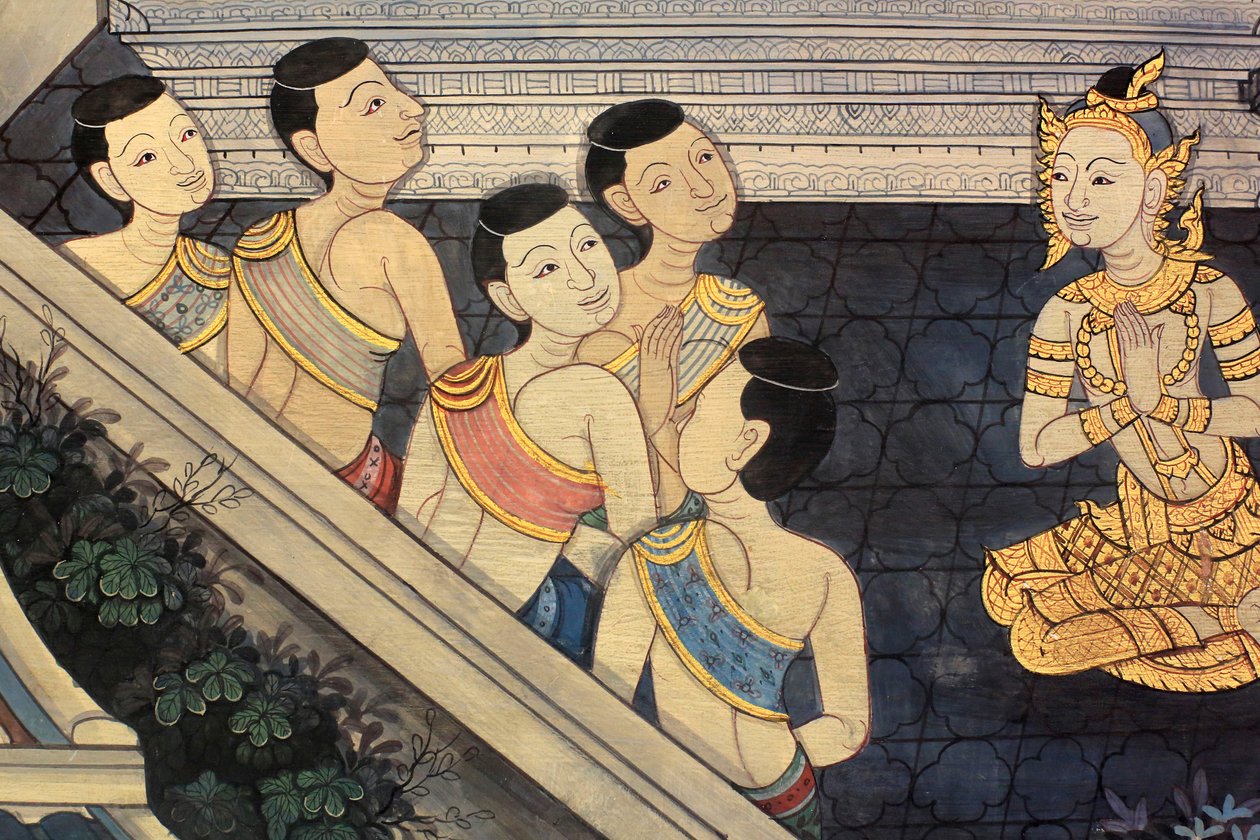 Książę Rama. Detal ścienny na wewnętrznych ścianach Vihary z czasów króla Ramy III przedstawiający Ramakien. Wat Pho - Wat Phra Chetuphon. 1788. Bangkok. Tajlandia autorstwa Unbekannt