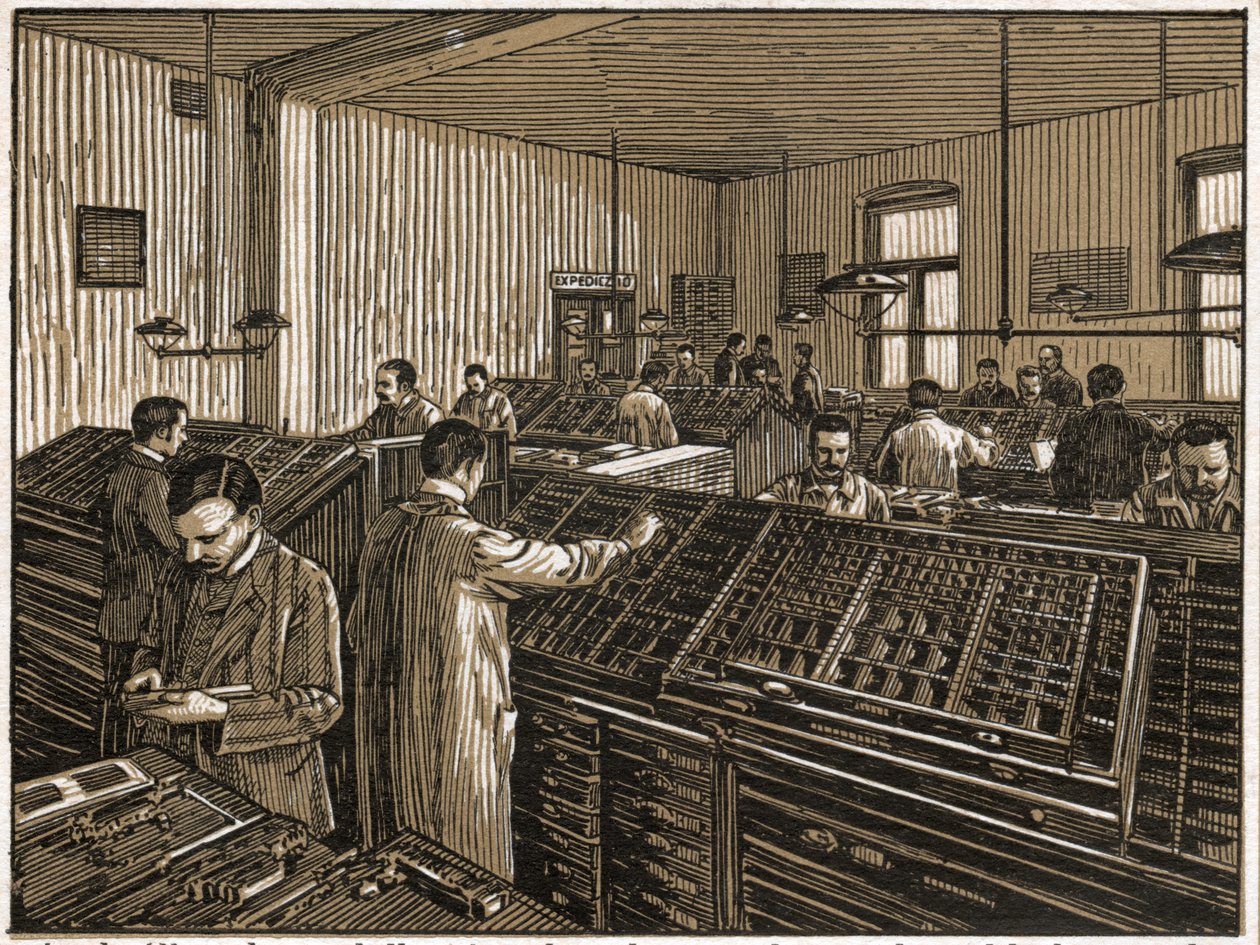 Drukarnia w Budapeszcie. (grafika, ok. 1910) autorstwa Unbekannter Künstler