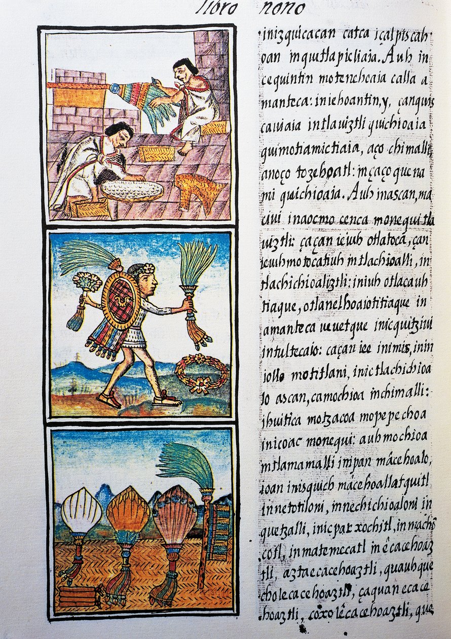 Przetwarzanie piór, tekst w języku nahuati, z faksymile rękopisu General History of Things of New Spain, znanego również jako Kodeks florencki, autorstwa Bernardino de Sahagun autorstwa William M. Timlin