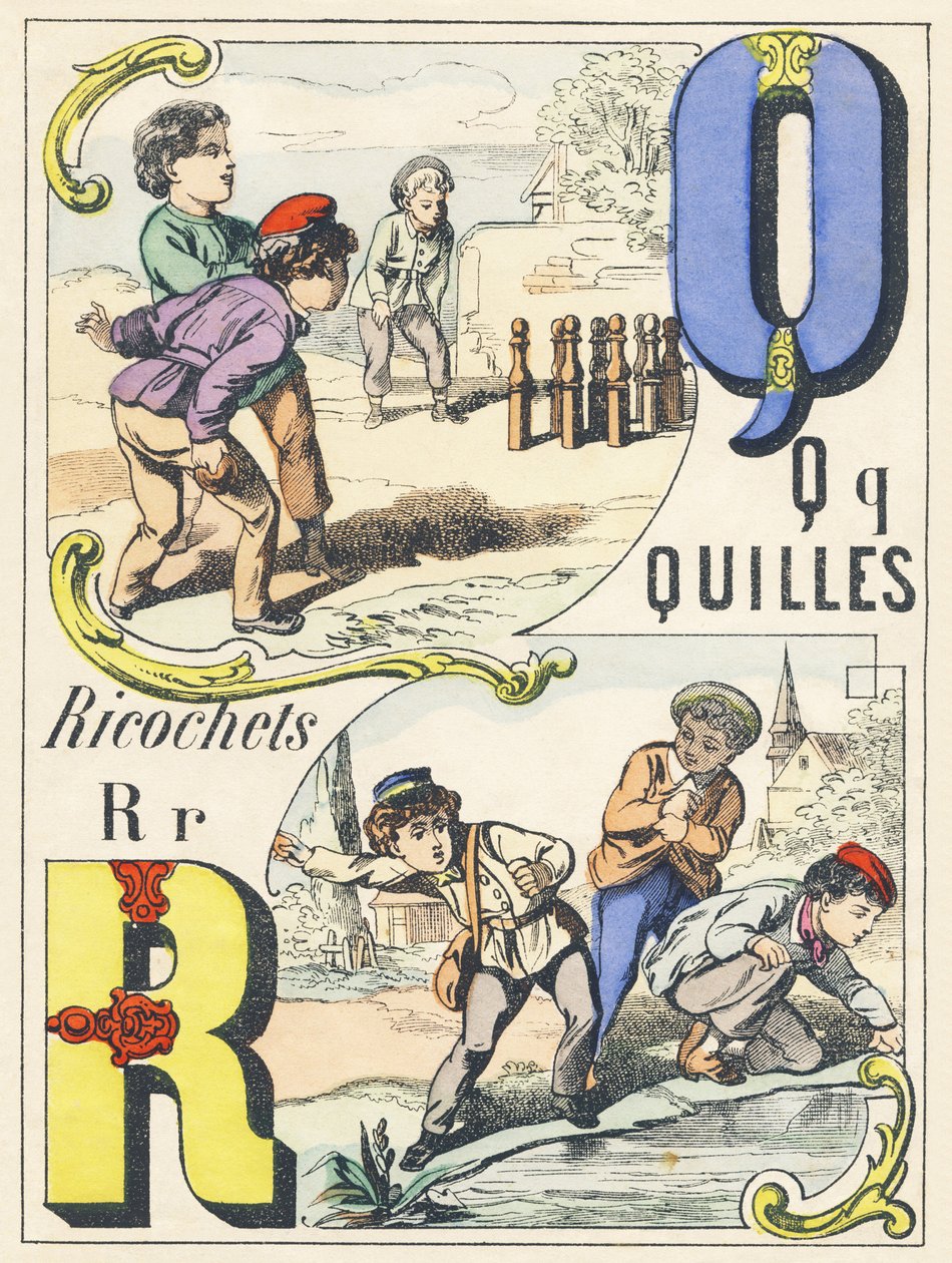 Q R: kręgle, rykoszety - alfabet gier, ok. 1890 (ilustracja) autorstwa Unbekannt