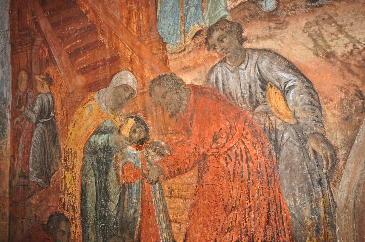 ROSJA, Uglich, Rosyjska Cerkiew Św. Dymitra na Krwi (1630), fresk przedstawiający śmierć Demetriusza (syna Iwana Groźnego) autorstwa Unbekannt