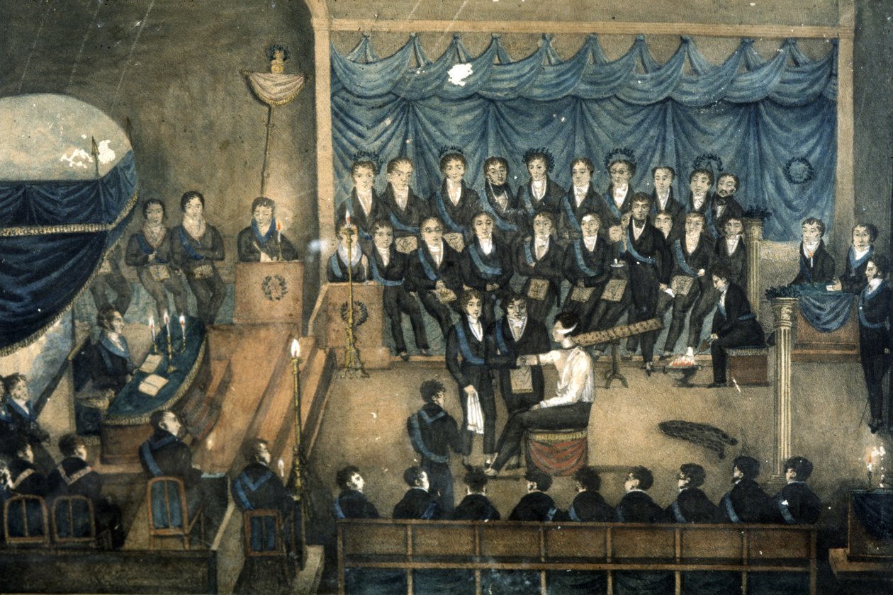 Przyjęcie masona do loży, ok. 1820 r. (akwarela) autorstwa Unbekannter Künstler