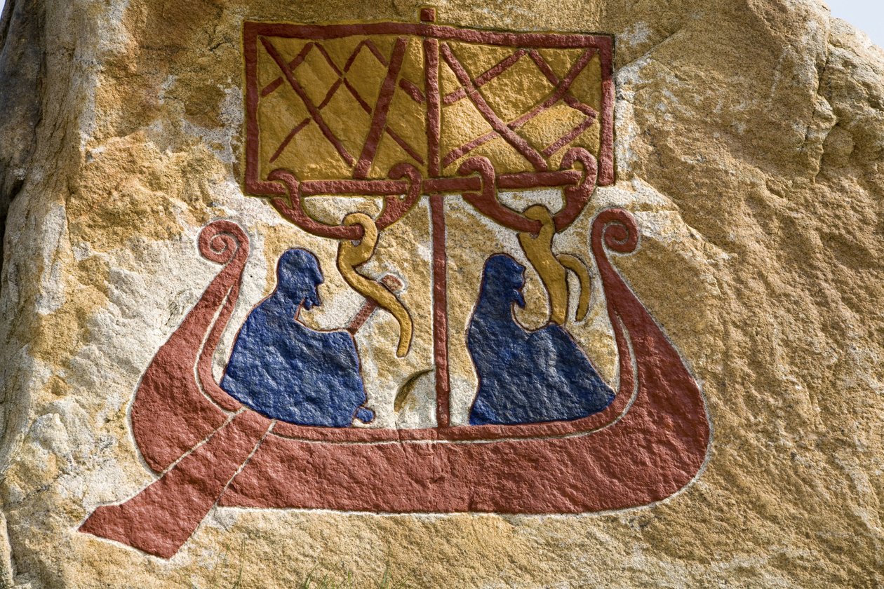 Registro e representação de um drakkar (navio viking) Viking Rune. Museu Viking, Bork em Ringkoebing Fjord, Dinamarca autorstwa Unbekannter Künstler