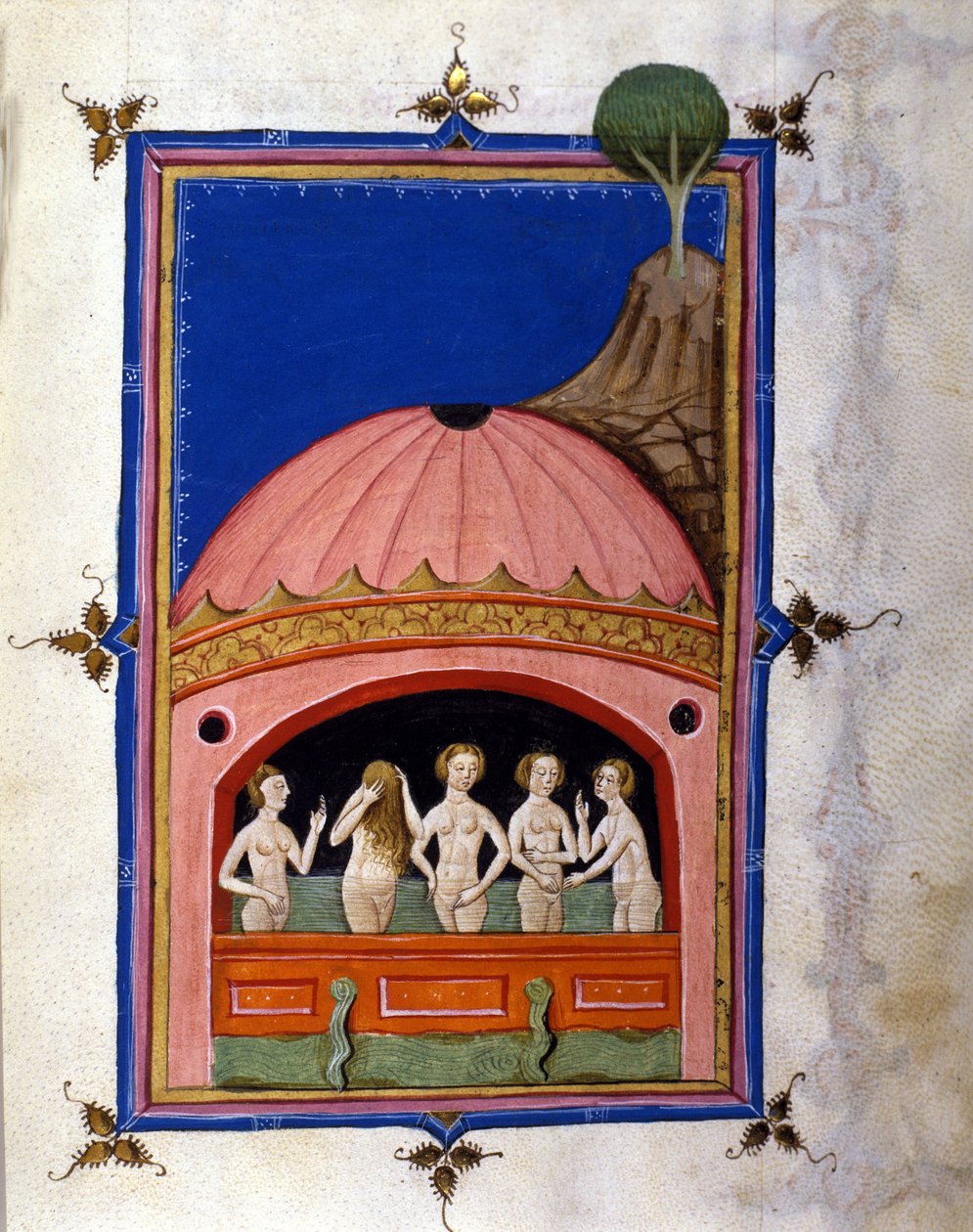 Przedstawienie łaźni Strona z manuskryptu "De Balneis Puteolanis" (Łaźnie Pozzuoli lub Pozzuoli) autorstwa Pietro da Eboli (Ebulo) (aktywny około 1196-1220) 1475-1500 autorstwa Unbekannter Künstler