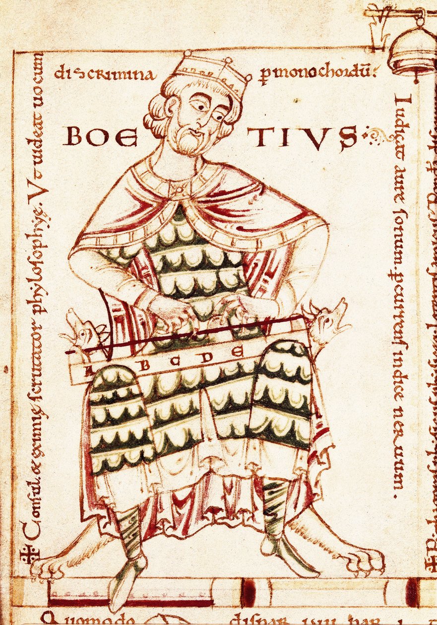 Reprezentacja łacińskiego filozofa Boece (Anicius Manlius Severinus Boetius lub Boethius) (480-524) trzymającego instrument muzyczny (studium muzyczne). Miniatura z rękopisu Canterbury. autorstwa Unbekannt