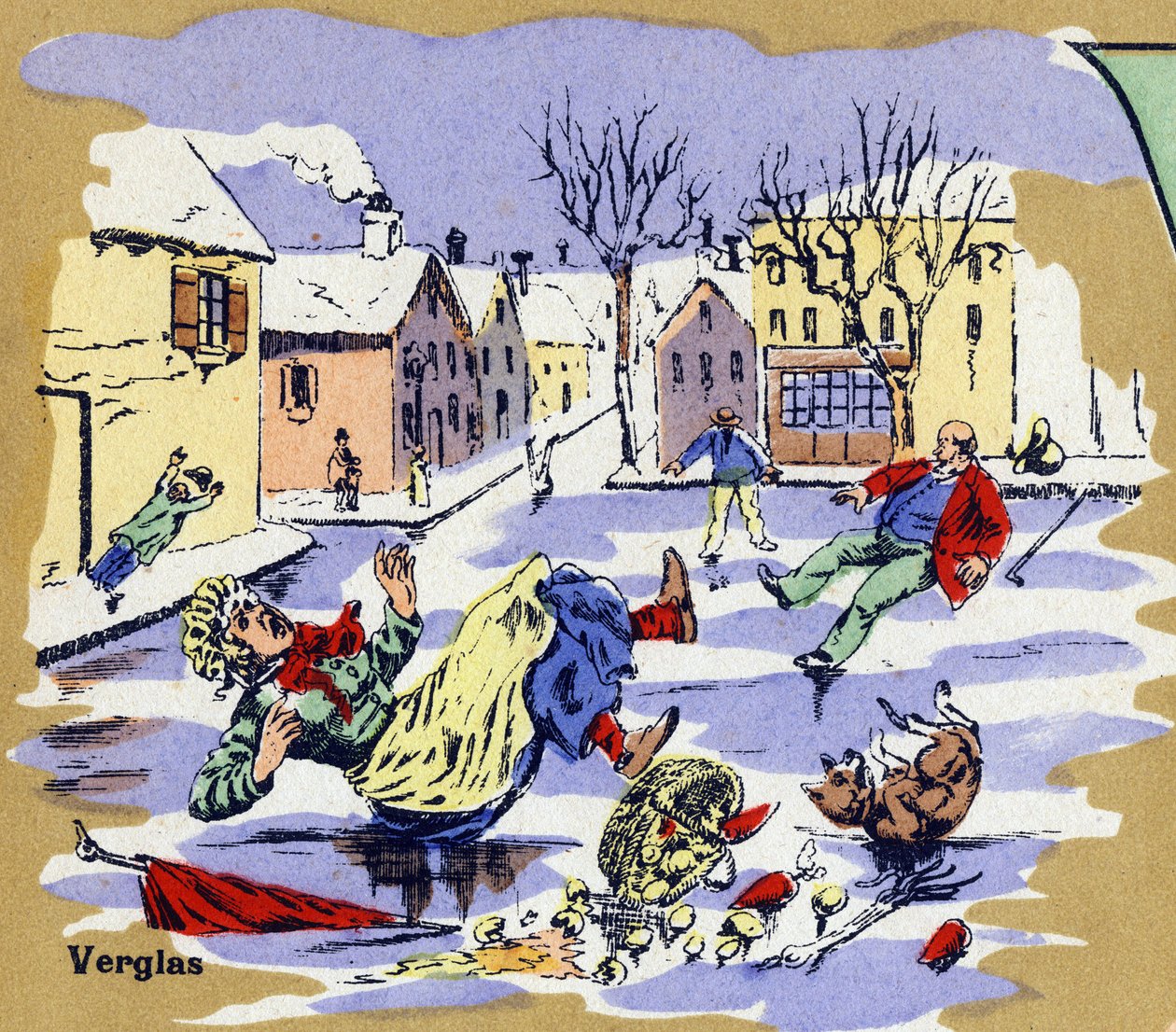 Mieszkańcy wioski ślizgającej się na lodzie zimą. Ilustrowany alfabet. Obrazy ponownie zjednoczone w Jarville-Nancy na początku XX wieku. Wymiary: 40 x 29 cm. Litografia na bistrowym tle autorstwa Unbekannt