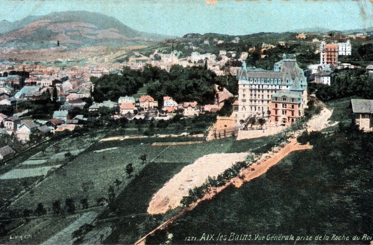 Rodan Alpy, Sabaudia (73), Aix les Bains (Aix-les-Bains): ogólny widok zaczerpnięty z Roche du Roi - pocztówka z końca XIX i XX wieku autorstwa Unbekannt