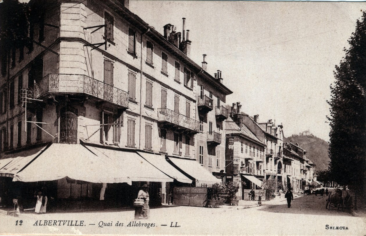 Rodan-Alpy, Sabaudia (73), Albertville: widok na Quai des Allobroges - Pocztówka koniec XIX-XX wieku autorstwa William M. Timlin