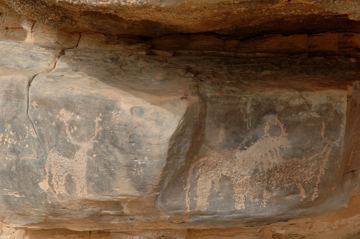 Sztuka naskalna, prehistoria: Grawerowanie trzech sztuk bydła w masywie Uweinat w Sudanie (Karkur-Talh lub Karkur Talh). Okres od 8000 do 3000 lat pne. Fotografia autorstwa Unbekannt