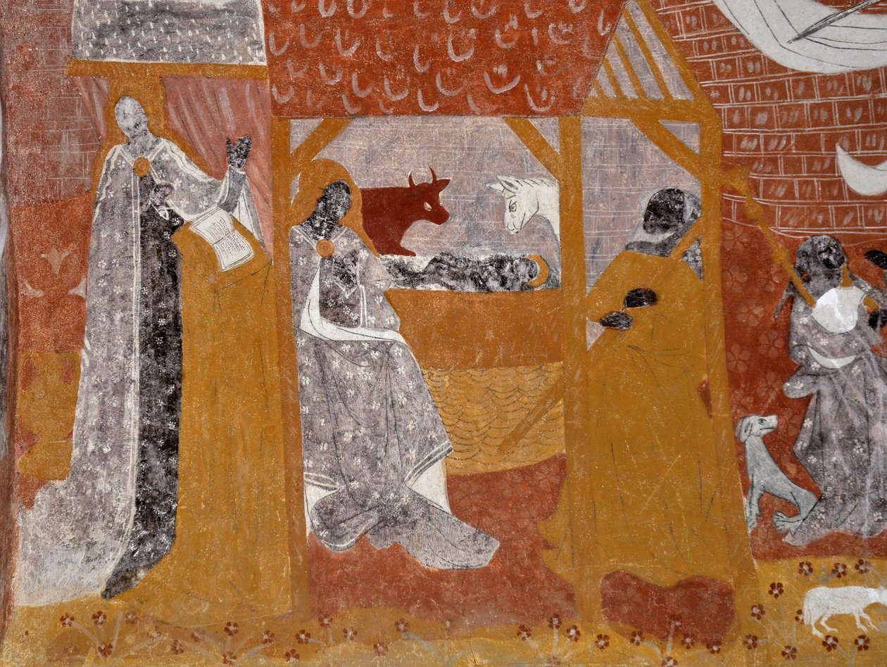 Sztuka romańska: Freski z kaplicy pogrzebowej Sainte Catherine de Jouhet, Vienne, Poitou-Charentes (Poitou Charentes), Francja. Nativite. Fotografia autorstwa Unbekannter Künstler