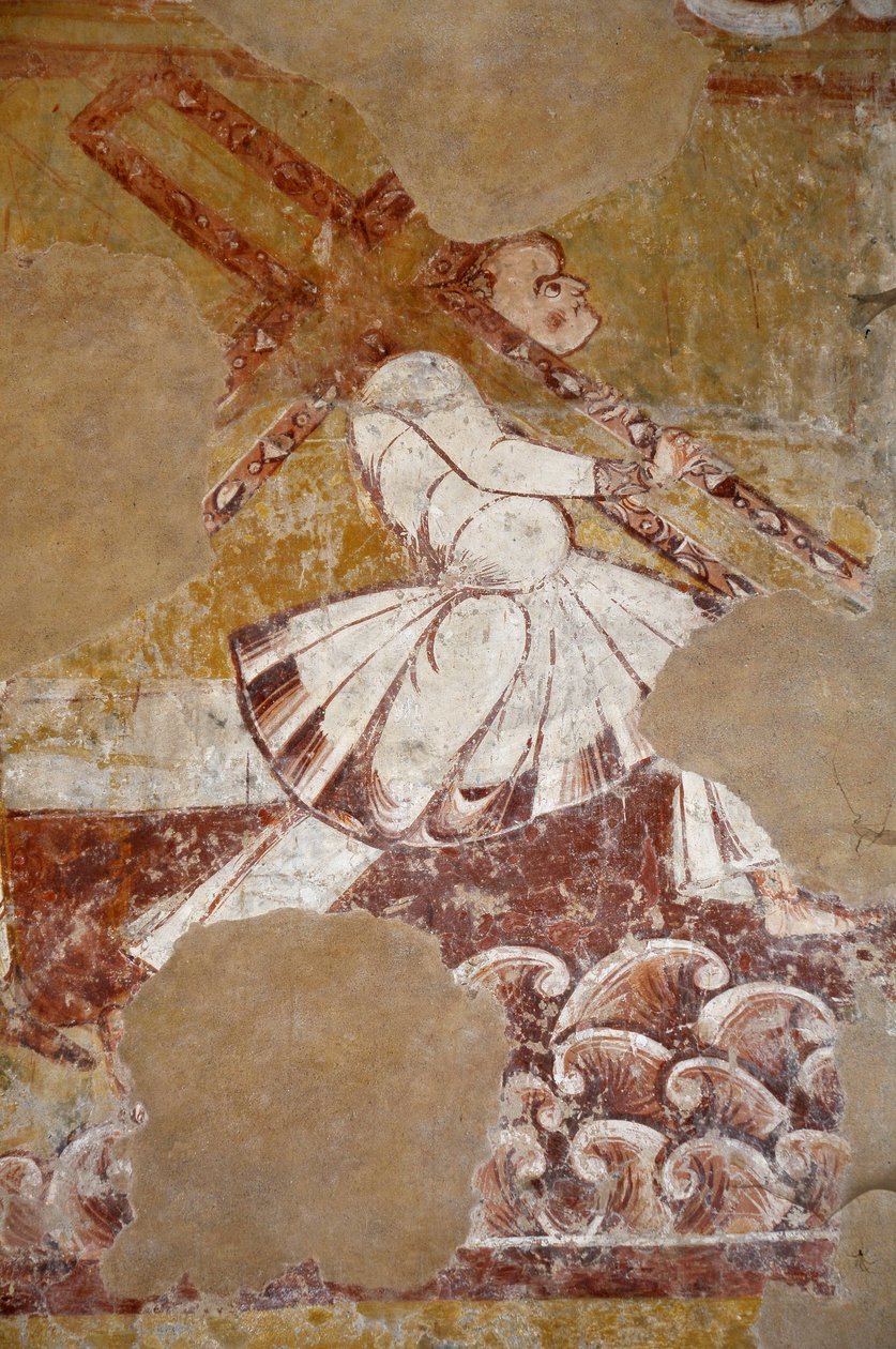 Sztuka romańska: Szymon z Cypru niesie krzyż Chrystusa. Widok szczegółowy fresków chóru "La vie du Christ" (XIII w.) z kościoła Saint Martin (św. Marcina). autorstwa Unbekannter Künstler
