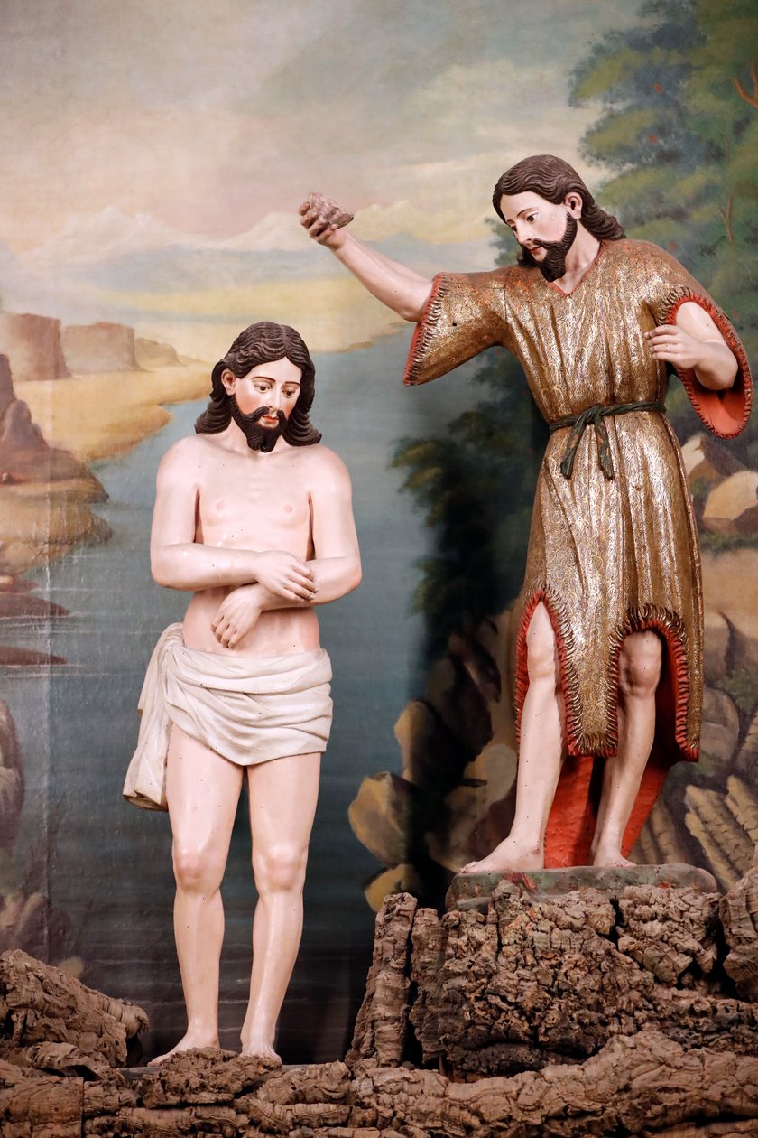 Kościół św. Franciszka. Chrzest Chrystusa Jana Chrzciciela w wodzie rzeki Jordan. Evora. Portugalia. autorstwa Benjamin Baud