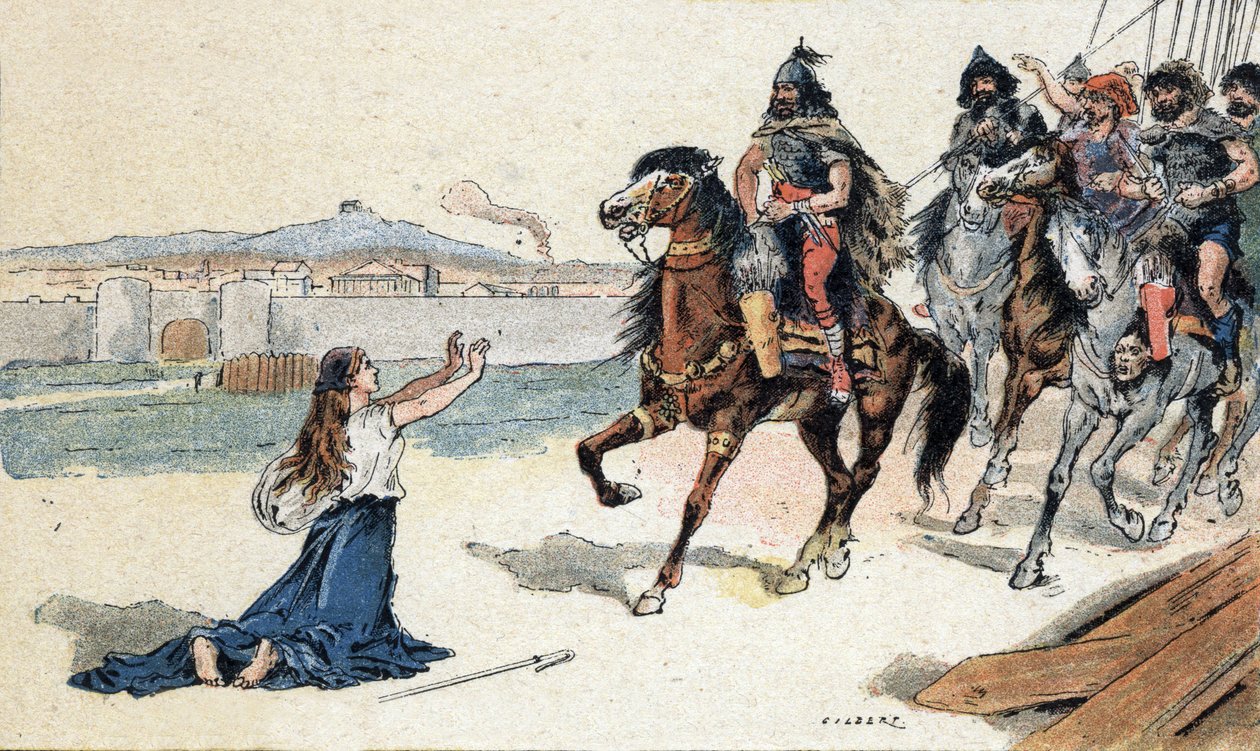 Święta Genevieve (422-502) przed królem Hunów Attyli - Najazdy barbarzyńców - Ilustracja Camille Gilbert z 1890 r. (rycina) autorstwa Unbekannt