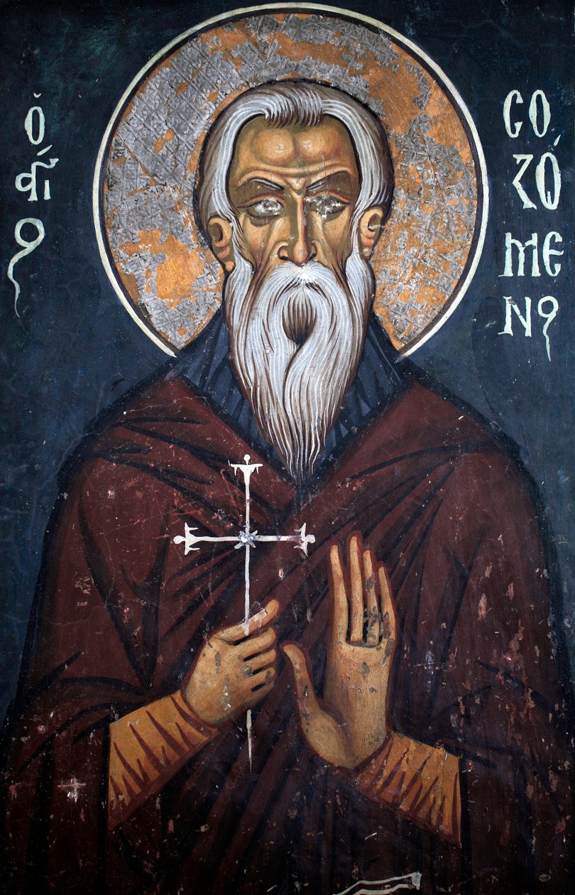 Saint Sozomene, bizantyjski fresk z XIV wieku Nathex, wschodnia ściana kościoła Phorbiotissa Virgin, Asinou Unesco region Troodos, Cypr autorstwa Unbekannt