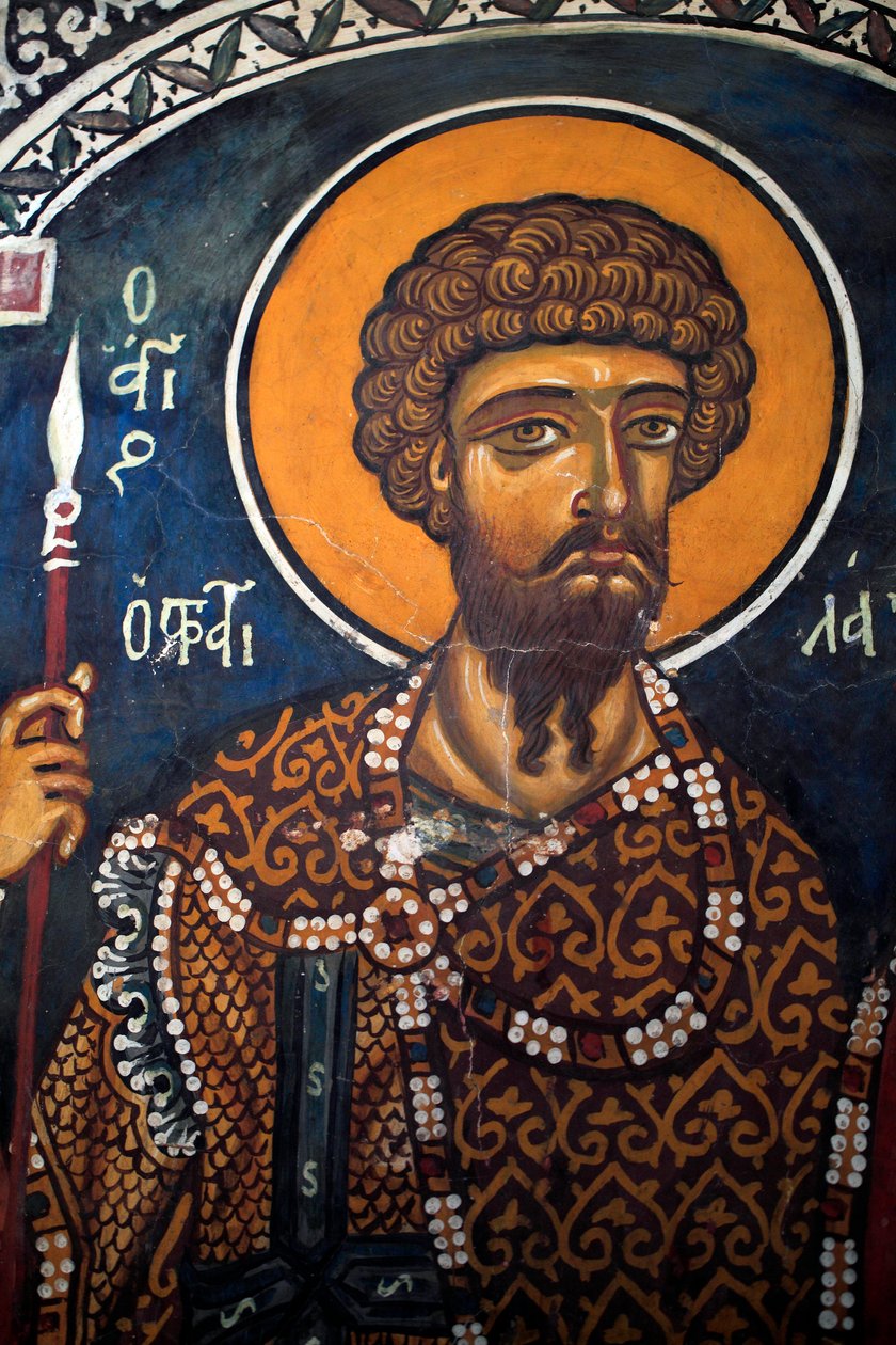 Św. Teodor Stratelates: bizantyjski fresk z XIV wieku (1332) Kościół Dziewicy Phorbiotissa, Asinou Cypr Malowane kościoły UNESCO Troodos, Cypr autorstwa Unbekannt