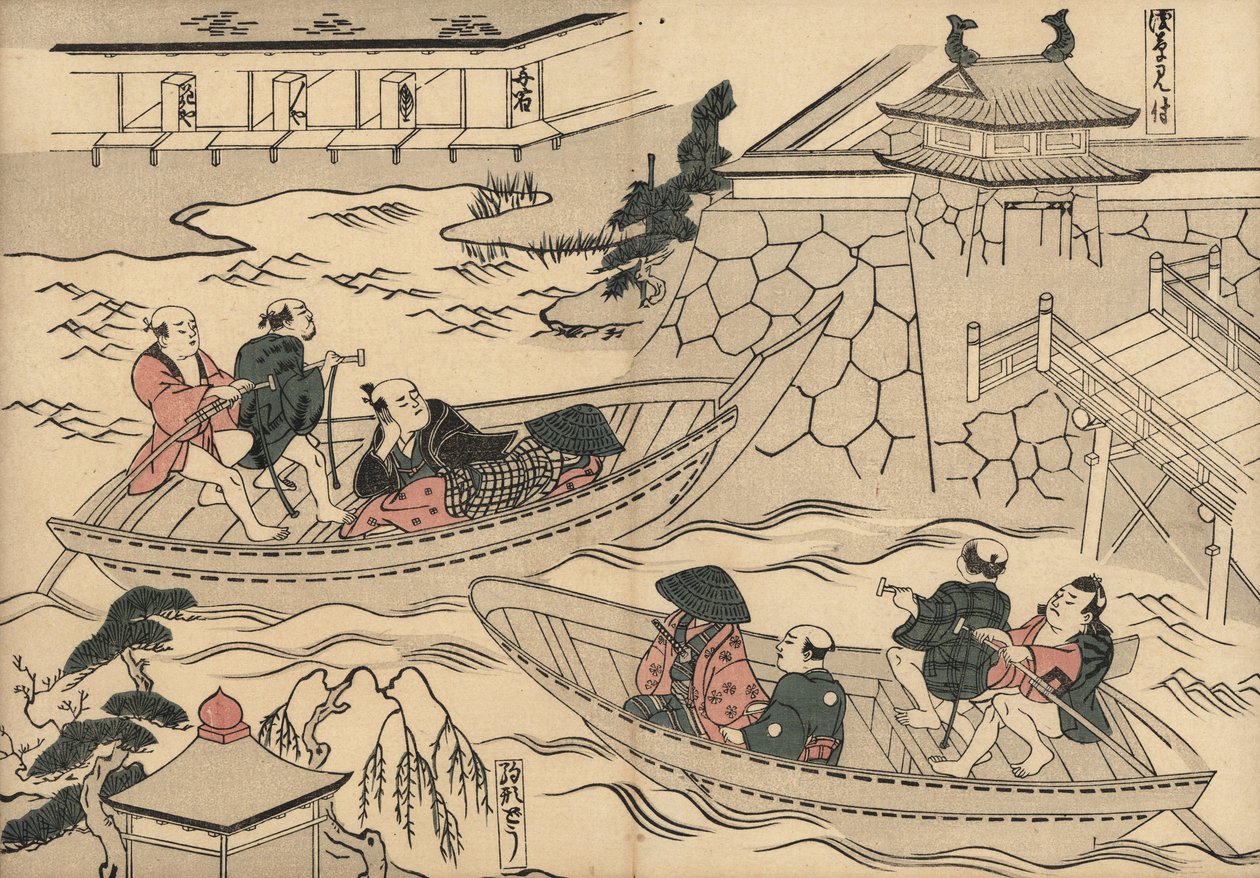 Samuraj przeprawiający się łodzią przez rzekę (w Akasaka Mitsuke) w drodze do dzielnicy wypoczynkowej Yoshiwara. Drzeworyt autorstwa Masanobu Okumury (1686-1764) z Fuzoku Emakimono, Picture Scroll of the Water Trade, Tokio, reprint około 1880 roku. autorstwa Unbekannter Künstler