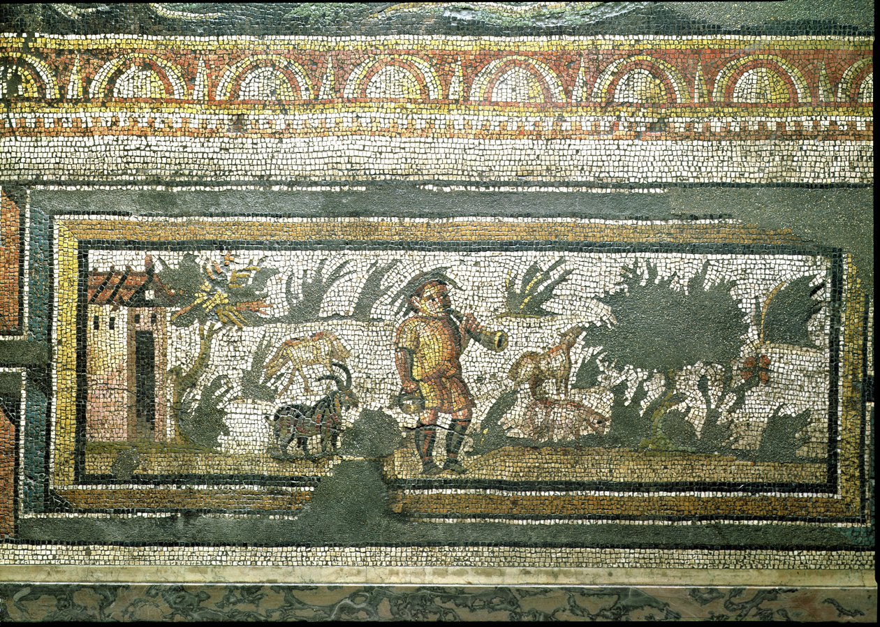 Scena pasterza kóz z kozami, fragment granicy z mozaikowego chodnika przedstawiającego pory roku i sceny polowań, z willi Konstantyna w Daphne, rzymskie, ok. 325-330 ne (marmur, wapień i szkło) autorstwa Unbekannt