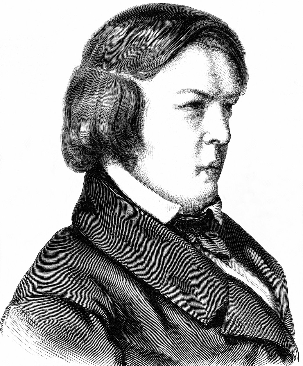 Schumann, Robert , niemiecki kompozytor, ur. 08. 06. 1810 w Zwickau, zm. 29. 07. 1856 w Endenich koło Bonn, drzeworyt około 1860 roku autorstwa Unbekannter Künstler