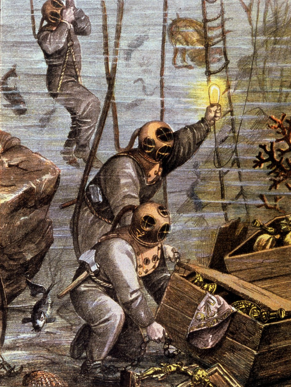 Nurek odkrywający podwodny skarb, początek XX wieku (ilustracja) autorstwa Unbekannter Künstler