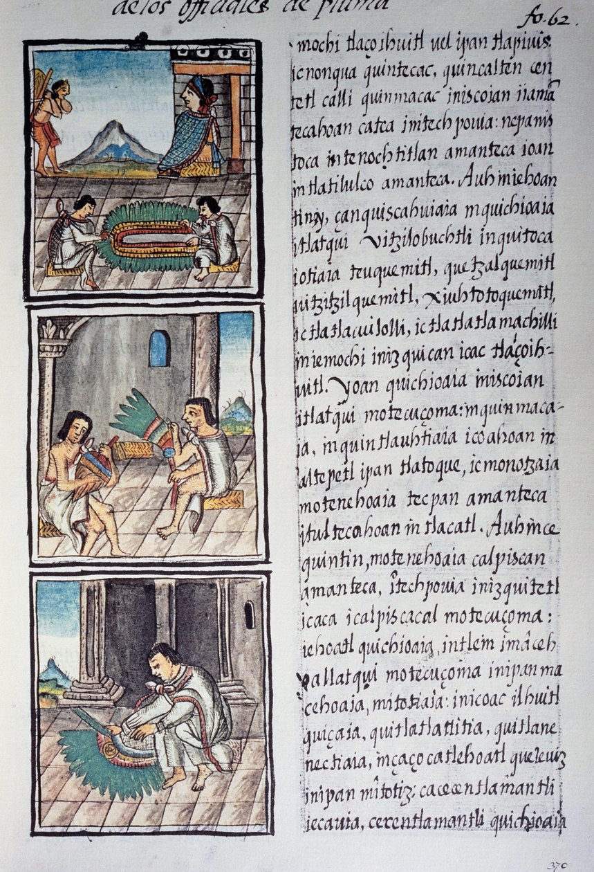 Zestaw ozdób i piór cesarskich nakrycia głowy, strona z Kodeksu Florenckiego, wersja dwujęzyczna w języku hiszpańskim i nahuatl, Historia ogólna rzeczy Nowej Hiszpanii, autorstwa hiszpańskiego misjonarza Fray Bernardino de Sahagun. Cywilizacja Azteków autorstwa William M. Timlin