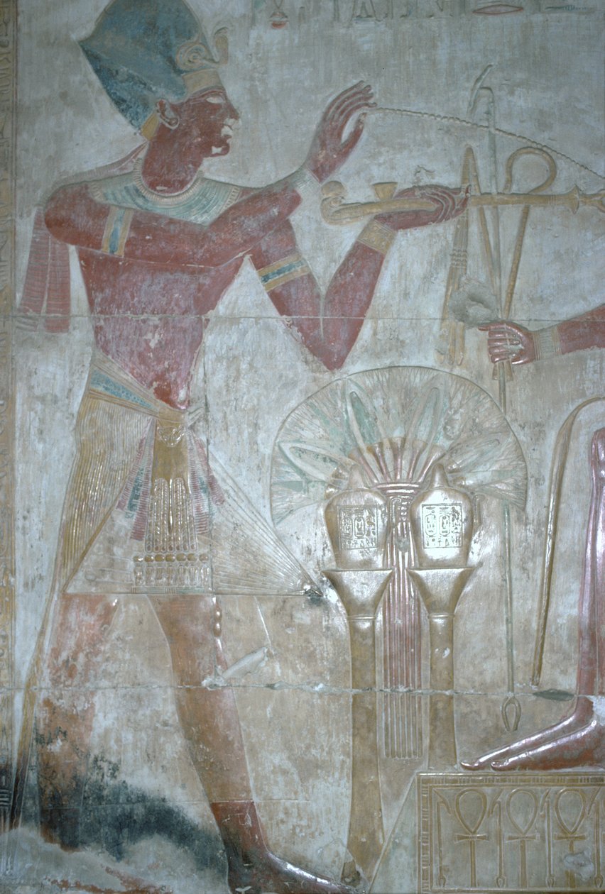 Seti I ofiarowujący kadzidło Horusowi, Świątynia Setiego I, Egipskie Nowe Państwo, XIX dynastia, ok. 1318 pne (relief polichromowany) autorstwa Unbekannt