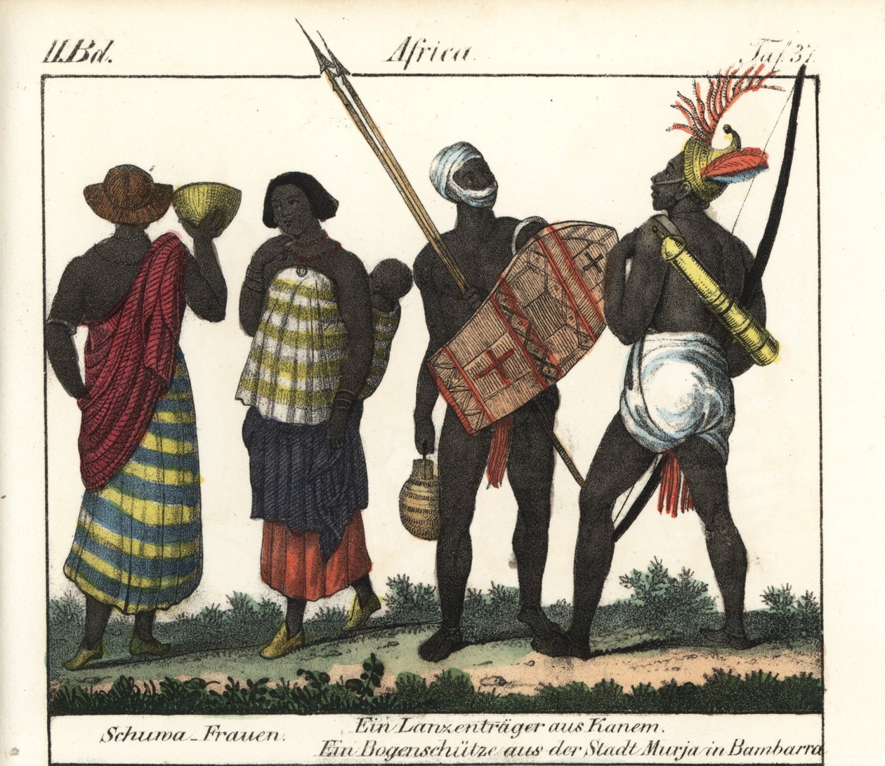 Kobiety Shoua z dzieckiem, włócznią i łucznikiem z Imperium Kanem (Czad i Libia). Litografia do książki: "Galerie complete en tableaux fideles des peuples d