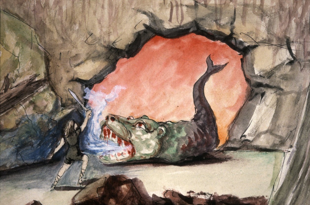 Zygfryd zabijający smoka Fafnera, koniec XIX wieku (ilustracja) autorstwa Unbekannter Künstler