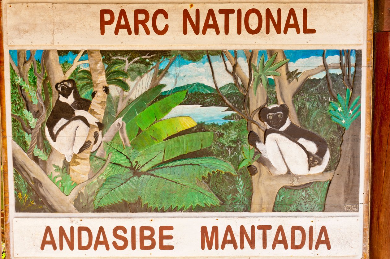 Znak przedstawiający lemury w dżungli; Park Narodowy Andasibe-Mantadia; Madagaskar; Afryka autorstwa Unbekannt