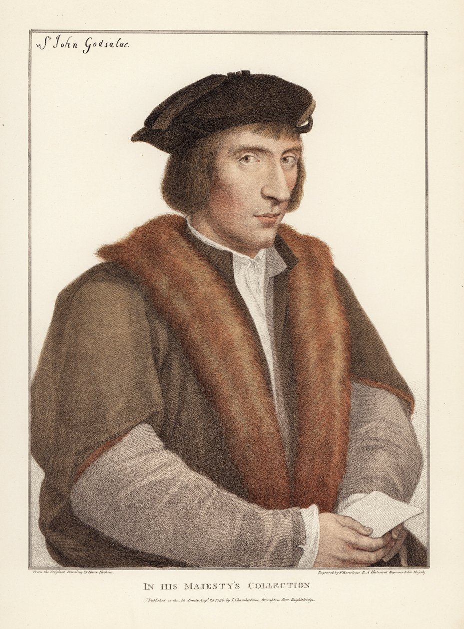 Sir John Godsalve z Norwich w Norfolk, angielski polityk (zm. 1556). Ręcznie kolorowany miedzioryt Francisa Bartolozziego według Hansa Holbeina z faksymili oryginalnych rysunków Hansa Holbeina, Hamilton, Adams, Londyn autorstwa Unbekannter Künstler