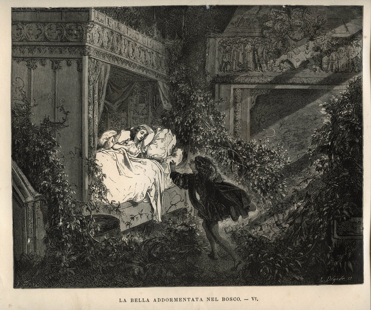 Śpiąca królewna: książę odkrywa śpiącą księżniczkę na sto lat. Grawer Gustave Dore (1832-1883) z „”Les contes”” Charlesa Perraulta (1628-1703) autorstwa Unbekannt