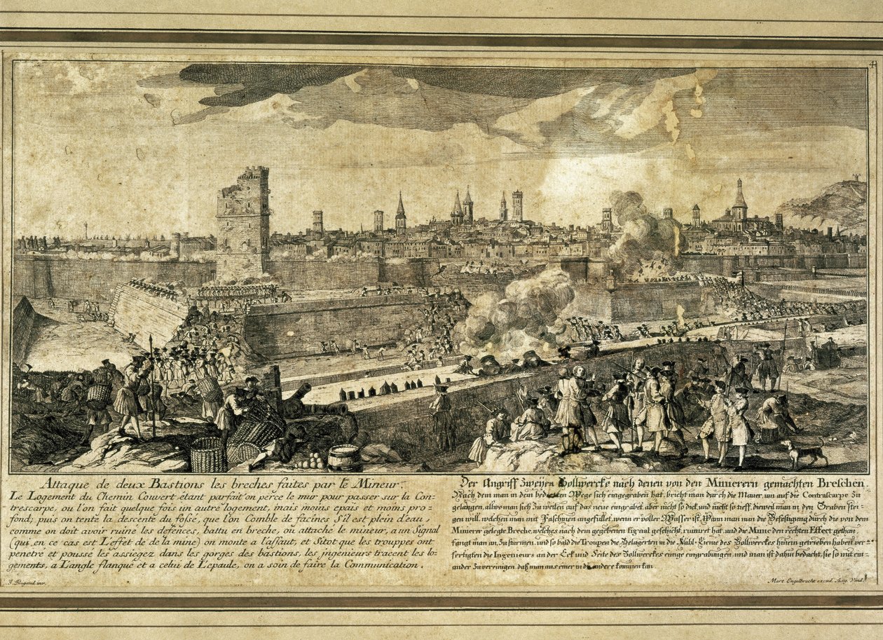 Hiszpania: Wojna o sukcesję hiszpańską (1714). Oblężenie Barcelony (rycina) autorstwa Unbekannter Künstler