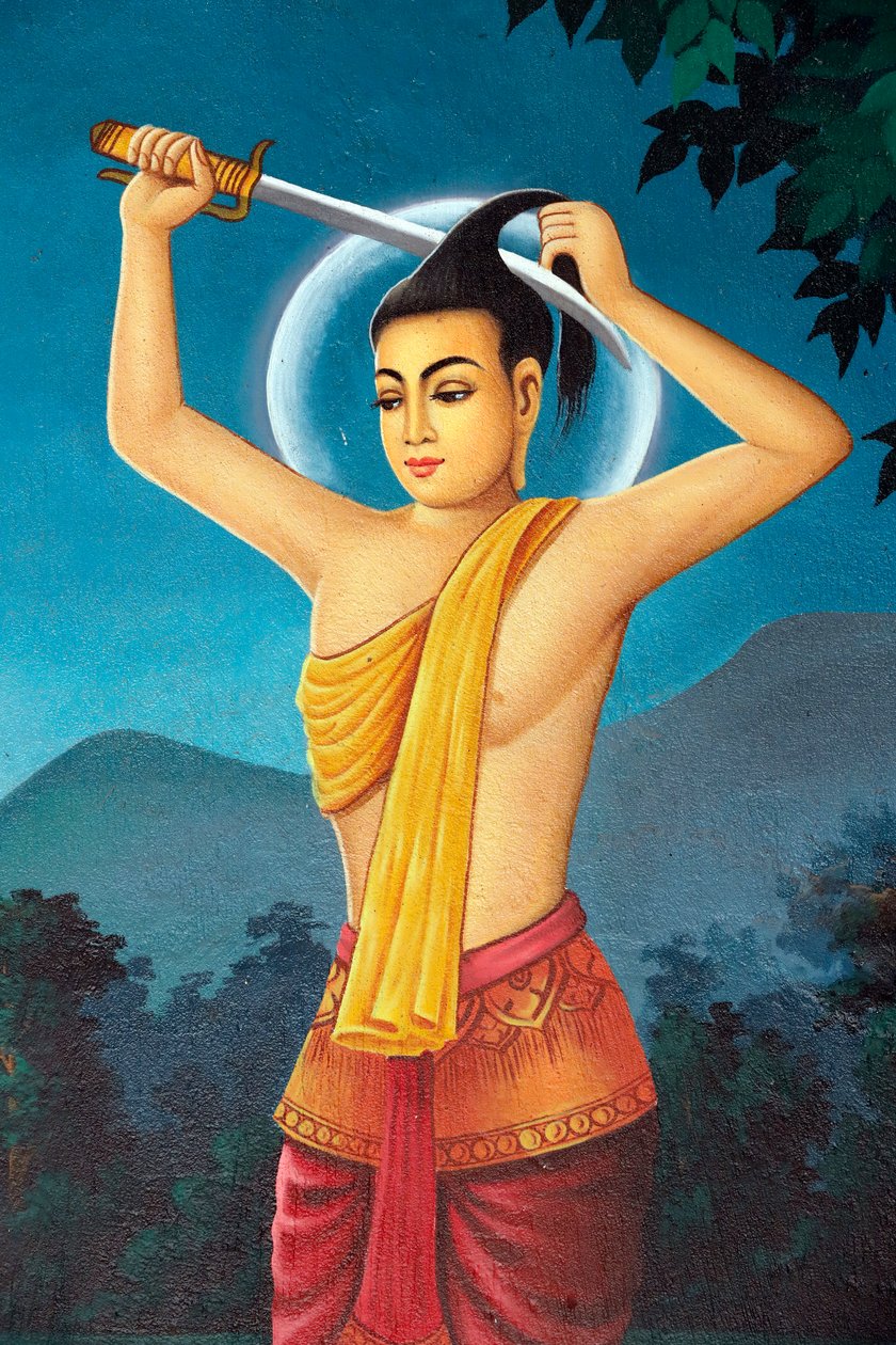 Klasztor buddyjski Srahchork. Obraz przedstawiający historię życia Buddy Siakjamuniego. Książę Siddhartha ściął włosy, aby wyrzec się ziemskiego życia na brzegu rzeki Anoma. Phnom Penh. Kambodża. (zdjęcie) autorstwa Unbekannt