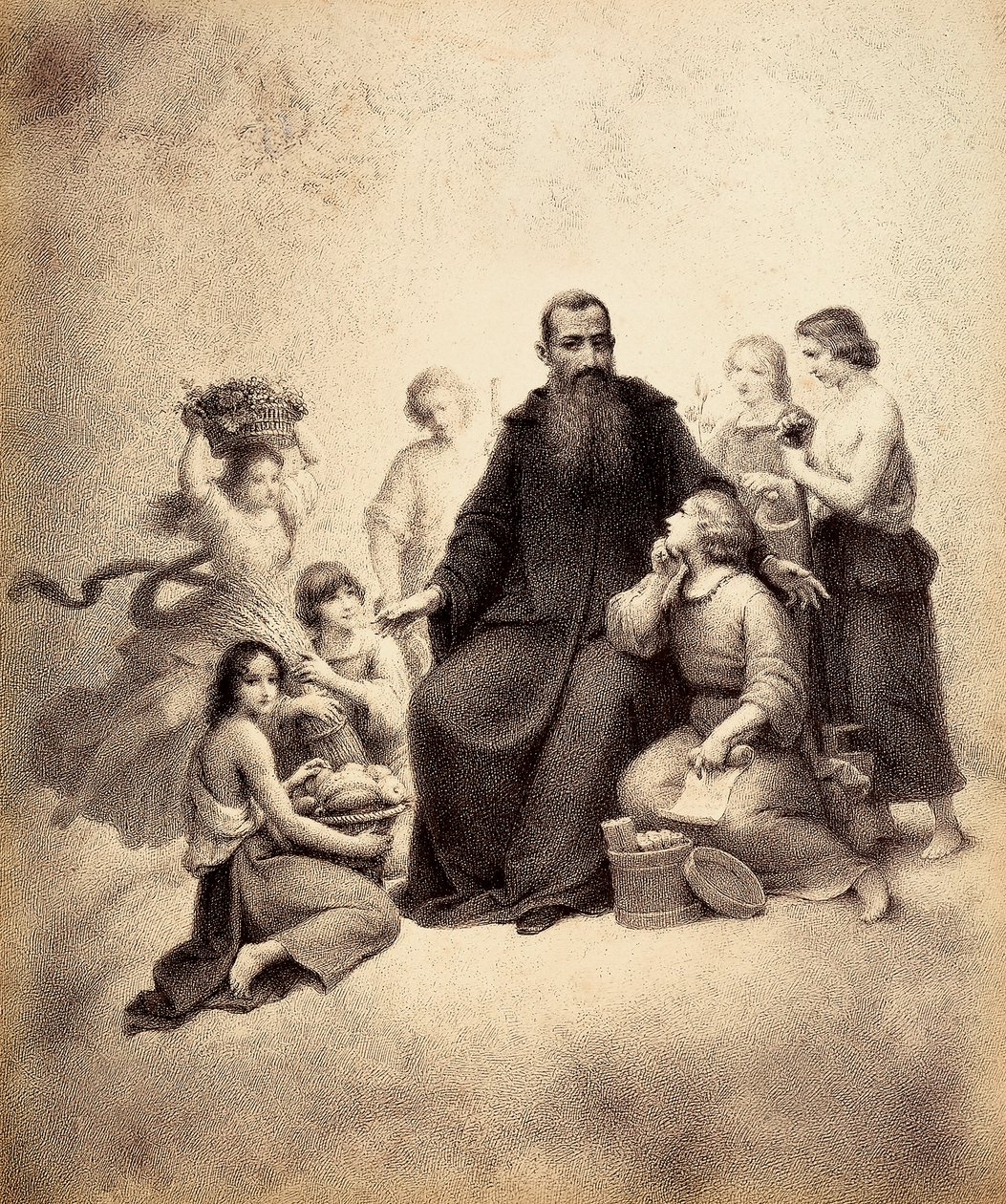 Święty Benedykt na tronie otoczony przez młodzież z wiązkami pszenicy i koszami owoców. Ilustracja do Canto XXXII w Paradiso z Boskiej komedii Dantego Alighieri. Dzieło Francesco Scaramuzzy dedykowane władzom miejskim Florencji. autorstwa Unbekannter Künstler