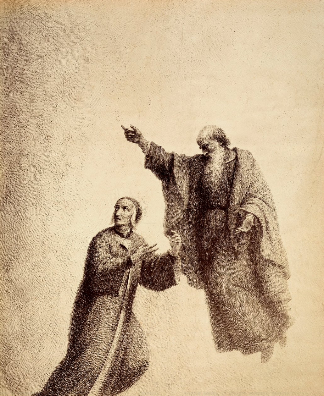 Święty Bernard wskazuje Dantemu różę błogosławionych, w której siedzi Beatrycze. Ilustracja do Canto XXXI w Paradiso z Boskiej komedii Dantego Alighieri. Dzieło Francesco Scaramuzzy dedykowane władzom miejskim Florencji. autorstwa Unbekannter Künstler