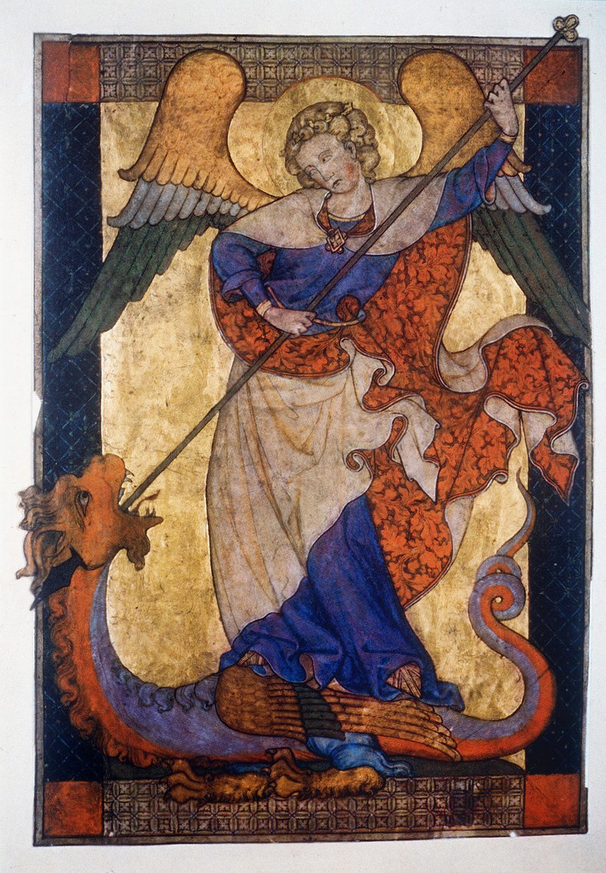 Michał pokonujący smoka - pergamin, ok. 1330 r., Staatliche Museen Kupferstichkabinett, Berlin autorstwa Unbekannter Künstler
