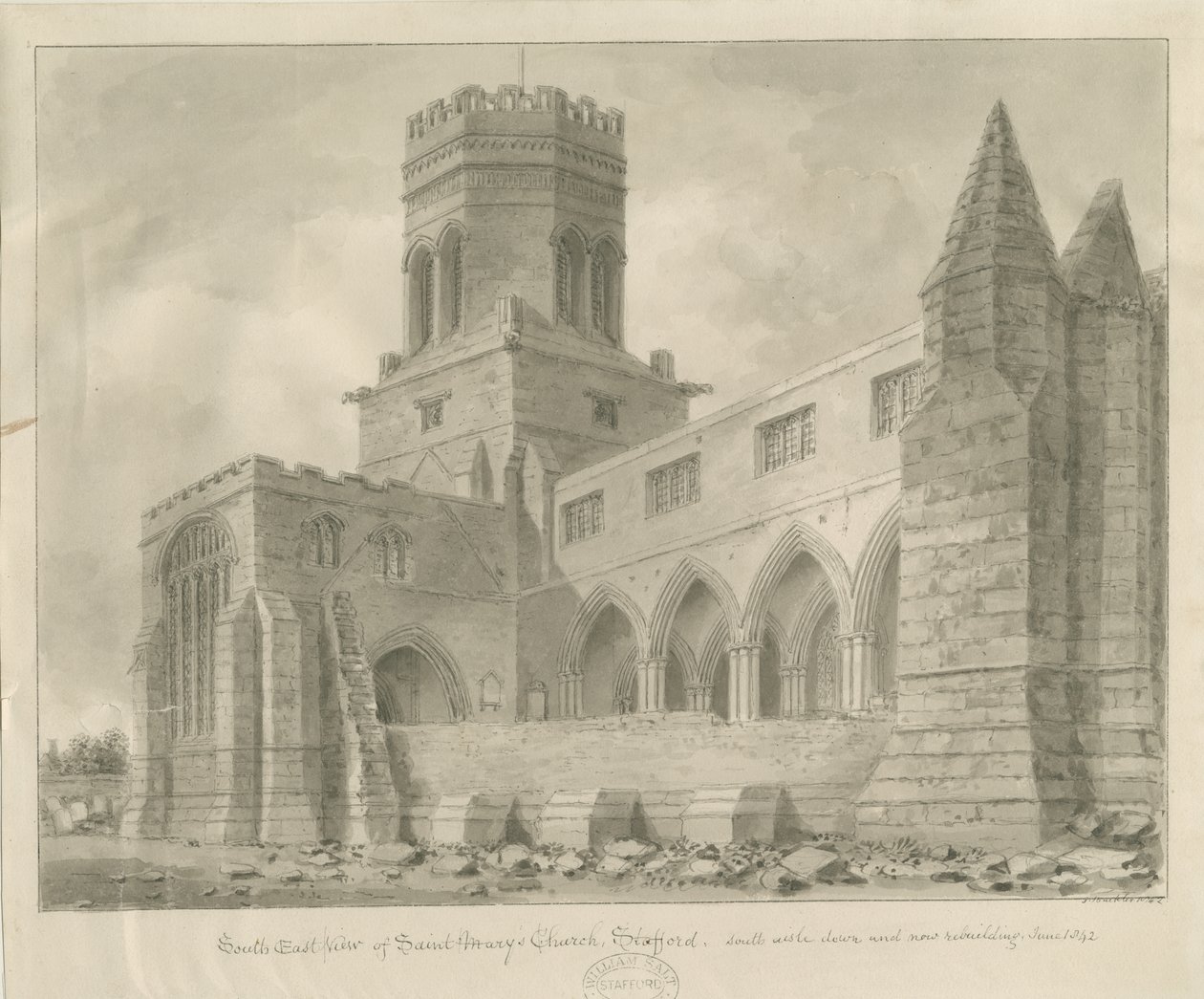 Stafford - Kościół Mariacki: rysunek w sepii, czerwiec 1842 r. autorstwa Unbekannt