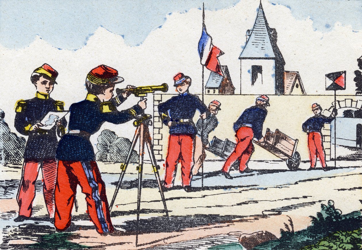 Stalkerzy. Grawerowanie „Dziecięcy alfabet wojskowy””. Zdjęcie Pont-a-Mousson, około 1890. 20 stron. Słońce: 28,5x21 cm autorstwa Unbekannt