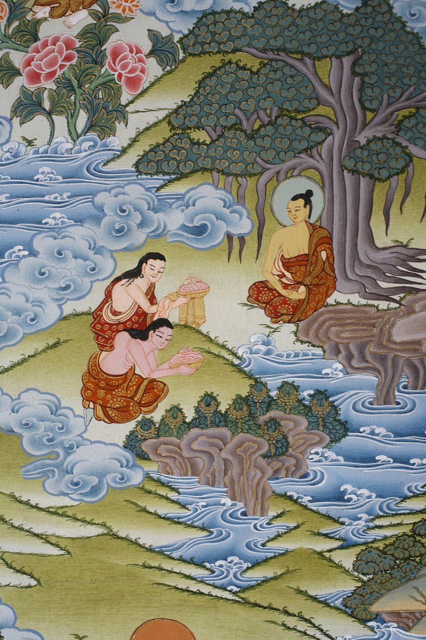 Sujata daje Buddzie mleczny ryż. Thangka, Bhaktapur, Nepal autorstwa Unbekannt