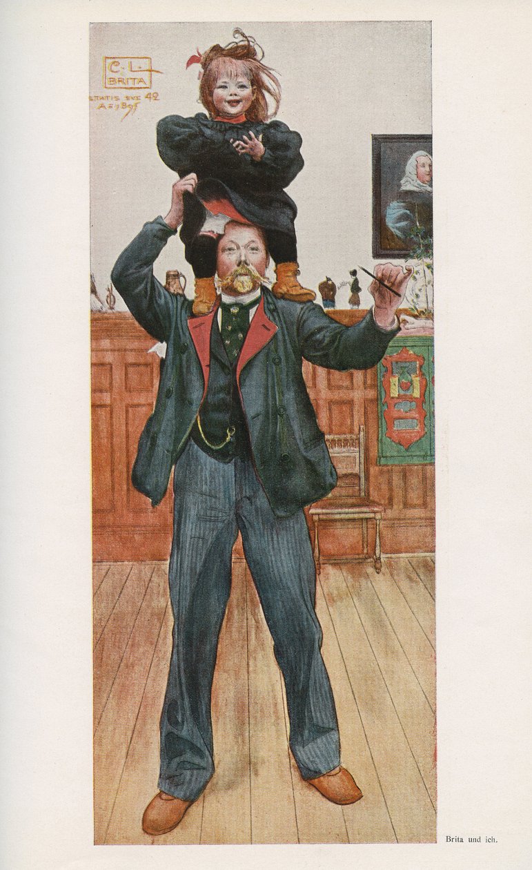 Szwedzki ilustrator Carl Larsson (1853-1919) z córką Britą. Akwarela z „Das haus in der sonne” 1921 autorstwa Unbekannt