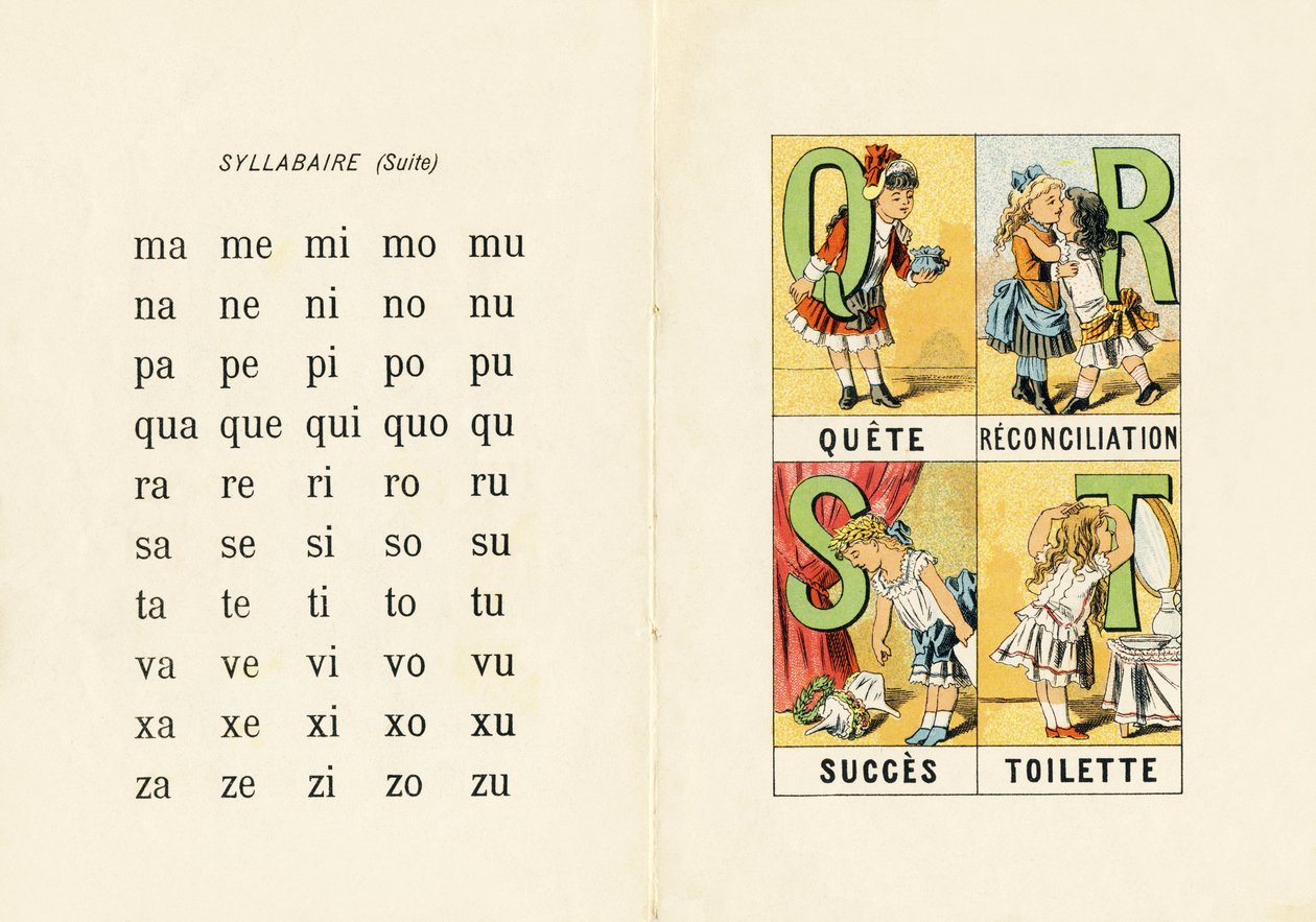 Syllabary i Q R S T - Grawerowanie z ABCD małych dziewczynek. Pellerin & Cie, drukarz-wydawca, Epinal, ok. 1890. Seria A. Wymiary: 19 x 13,5 cm. autorstwa Unbekannt