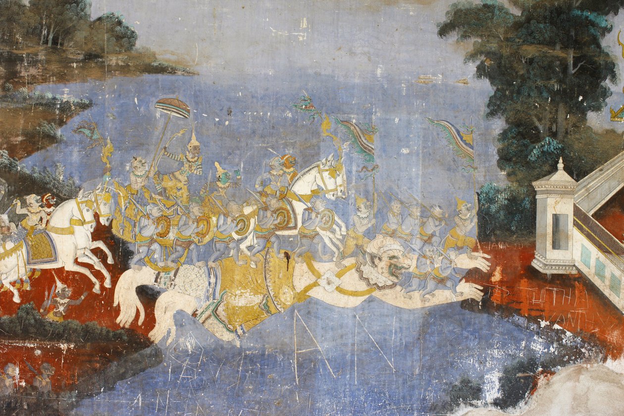 Pagoda Sylvera Ten mural przedstawia sceny z Reamkera, który jest kambodżańską lub khmerską wersją klasycznego hinduskiego poematu Ramajana, Phnom Penh, Kambodża autorstwa Unbekannt